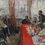 20th century Russian School, oil on board, a political meeting, unsigned, 13.5" x 18.5", framed