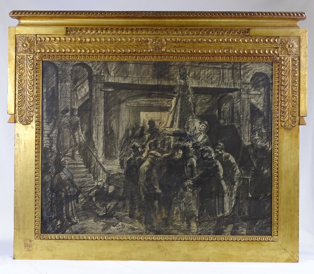 Charcoal heightened with white, interior scene, unsigned, 21" x 28", ornate gilt-gesso frame - Image 2 of 4