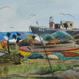Nick Rowland, pair of mixed media on paper, Rye fishing boats, signed, 16" x 21", framed