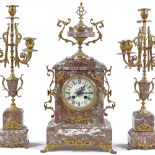 A 19th century French coloured marble and ormolu-cased clock garniture, 8-day striking movement,