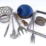 Various silverware, including silver and mother-of-pearl handled scoop, swing-handled basket etc