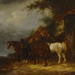 Thomas Smythe, oil on canvas, horses resting outside the inn, 18" x 24", framed