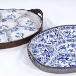 2 early 20th century hors d'oeuvres trays, with blue and white transfer ceramic liners