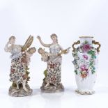 A pair of German porcelain figures, Classical women with cherubs, blue under glaze marks, height