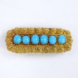 A Georgian unmarked gold 6-stone turquoise panel brooch, with central line of cabochon stones,