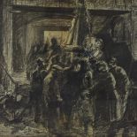 Charcoal heightened with white, interior scene, unsigned, 21" x 28", ornate gilt-gesso frame