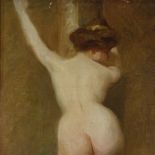 Late 19th/early 20th century oil on canvas board, female nude life study, unsigned, 36" x 19",