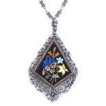 An unmarked silver and gold pietra dura pendant necklace, on fancy link chain, pendant height