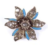 An unmarked gold rose-cut diamond and blue enamel flowerhead brooch, diameter 28.4mm, 6.5g