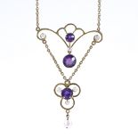 A 9ct gold amethyst and pearl pendant necklace, stylised openwork settings on unmarked gold chain,