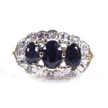 A 9ct gold sapphire and diamond triple cluster ring, setting height 10.4mm, size O, 2.1g