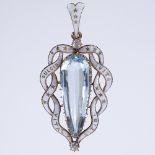 An unmarked gold large aquamarine, diamond, and white enamel pendant, enamelled ribbon surround