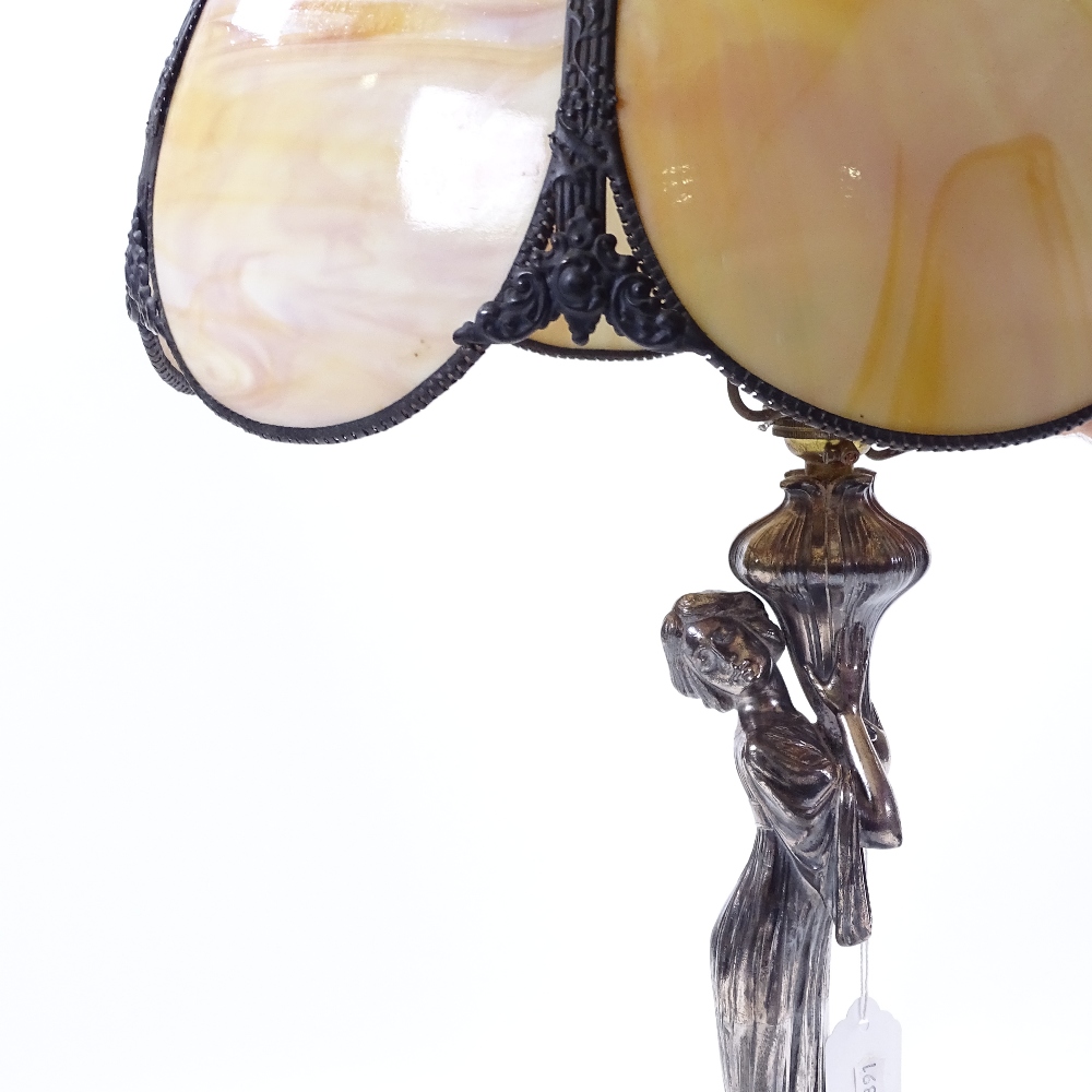 WMF Art Nouveau electroplate table lamp, supported by a figure of a woman, impressed marks under