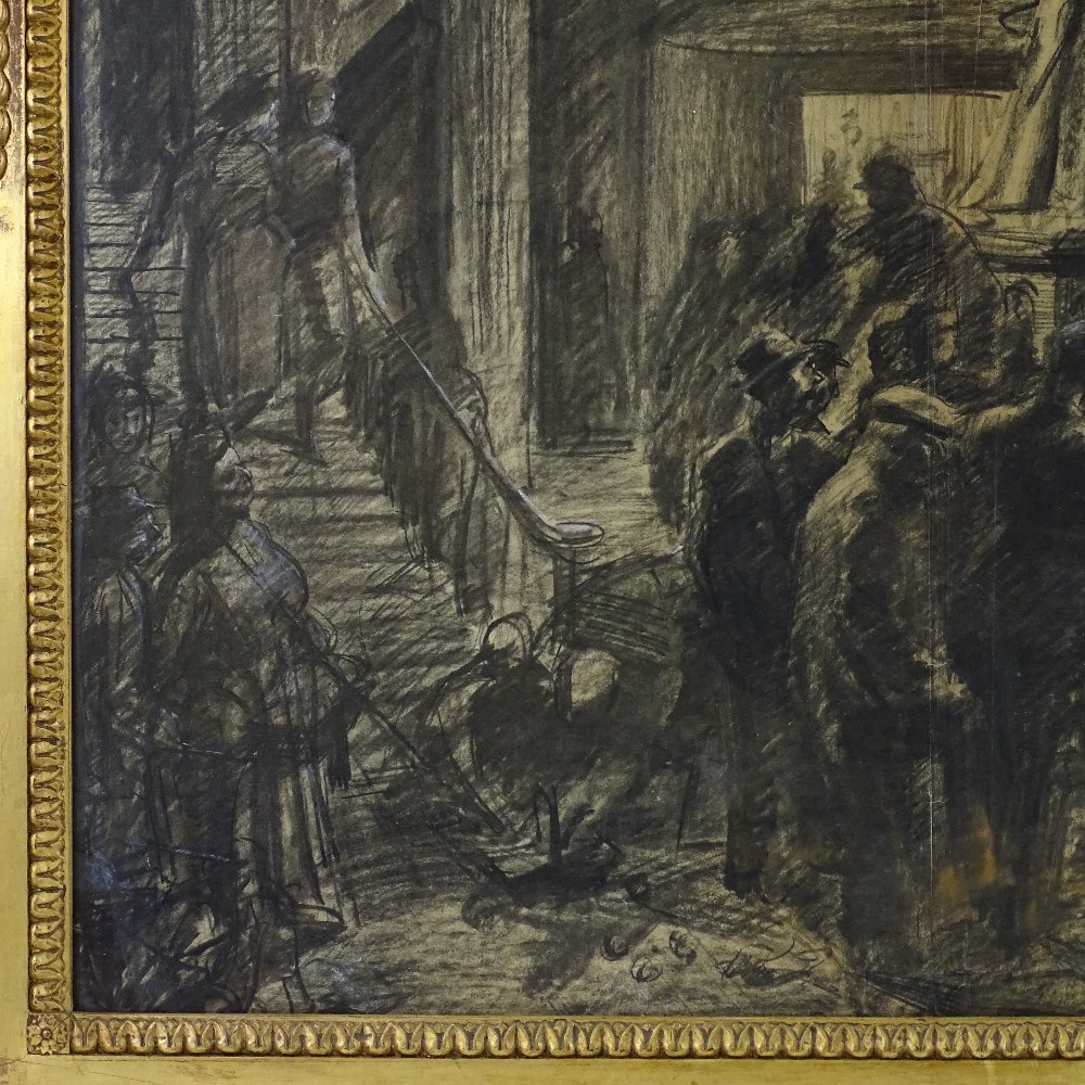 Charcoal heightened with white, interior scene, unsigned, 21" x 28", ornate gilt-gesso frame - Image 3 of 4