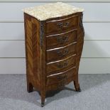 A French narrow kingwood bombe chest of 5 drawers, with shaped marble top, width 18", height 2'8"