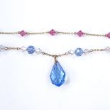 2 coloured faceted crystal necklaces, on gold chains, largest length 40cm, 8.2g total (2)