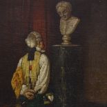 Early 20th century oil on board, man studying a statue, unsigned, 8" x 6", framed