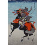 Japanese colour woodblock print, Samurai Warrior on horseback, inscribed, image 16" x 10.5", mounted