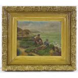 Late 19th century Scottish School, oil on board, boys looking out to sea, unsigned, 8" x 10", framed