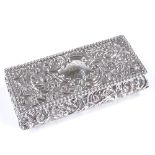 A late Victorian rectangular silver snuffbox, with relief embossed foliate decoration, by William