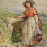 19th century watercolour, woman carrying a water flagon, unsigned, 27" x 19", framed