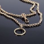 A 9ct gold long belcher and faceted belcher link guard chain, with 2 dog clips, length 86cm, 64.4g
