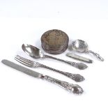 A group of silver and plated items, including Georgian caddy spoon by John Bettridge