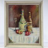 Oil on canvas, still life study, 20" x 16", and a print after Bernard Buffet (2) framed