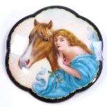 A sterling silver and coloured enamel brooch, depicting female figure and horse, maker's marks GG,