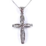A 9ct white gold baguette-cut diamond set cross pendant necklace, of stylised form, pendant height