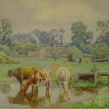 William Sidney Cooper, watercolour, cattle watering in the stream, signed, 10" x 14", framed