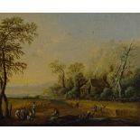 Pair of modern Dutch School oils on panels, landscapes with figures, unsigned, 6" x 7.5", framed
