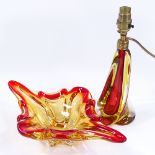 Murano 1950s Sommerso lamp base, and a Murano sculptural glass bowl, bowl length 34.5cm (2)