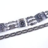 A silver 4-section abstract bracelet, length 20cm, together with a silver niello gate link bracelet,