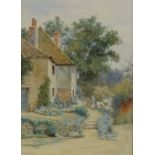 T Tyndale, watercolour, country cottage, 10.5" x 7.5", and C Coller, watercolour, village scene,