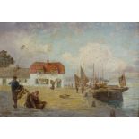 W Richards, oil on canvas, fishing harbour scene, signed, 12" x 20", framed