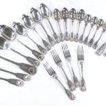 A set of Fiddle Thread and Shell silver cutlery, including basting spoon, dinner forks, serving