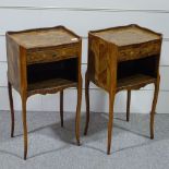 A pair of French kingwood and marquetry inlaid bedside tables, width 15", height 2'5"
