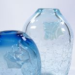 Patrick Stern, 2 aqua and turquoise crizzled Studio glass vases, largest height 15cm (2)