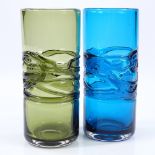 2 Mdina turquoise and green glass cylinder vases, with trail designs, height 18cm