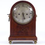 A mahogany dome-top mantel clock, circa 1900, with inlaid boxwood stringing, engraved silvered