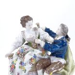 A 19th century German porcelain courting couple group, blue under glaze crossed swords mark,