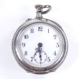 A Continental silver-cased open-face top-wind fob watch, with Arabic numerals and subsidiary seconds