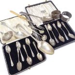 Various silverware, including sifter spoon, trefoil spoon, napkin rings etc