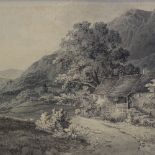 C B Durham, watercolour, river scene, 6" x 9", and a 19th century monochrome watercolour,