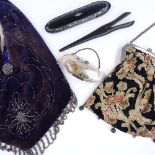 A velvet purse with cut steel beaded decoration, a mother-of-pearl inlaid spectacle case, a mother-