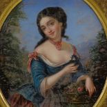 19th century reverse painting behind convex glass panel, portrait of a young flower girl,