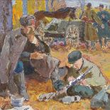 Sergei Khokhalev (Russian 1916 - 1990?), oil on board, military encampment, 14.5" x 16", framed