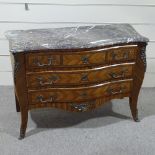 A French kingwood bombe commode, early 20th century, with shaped marble top, 3 long drawers with