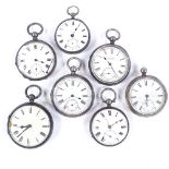 7 silver-cased open-face pocket watches, largest case width 52mm